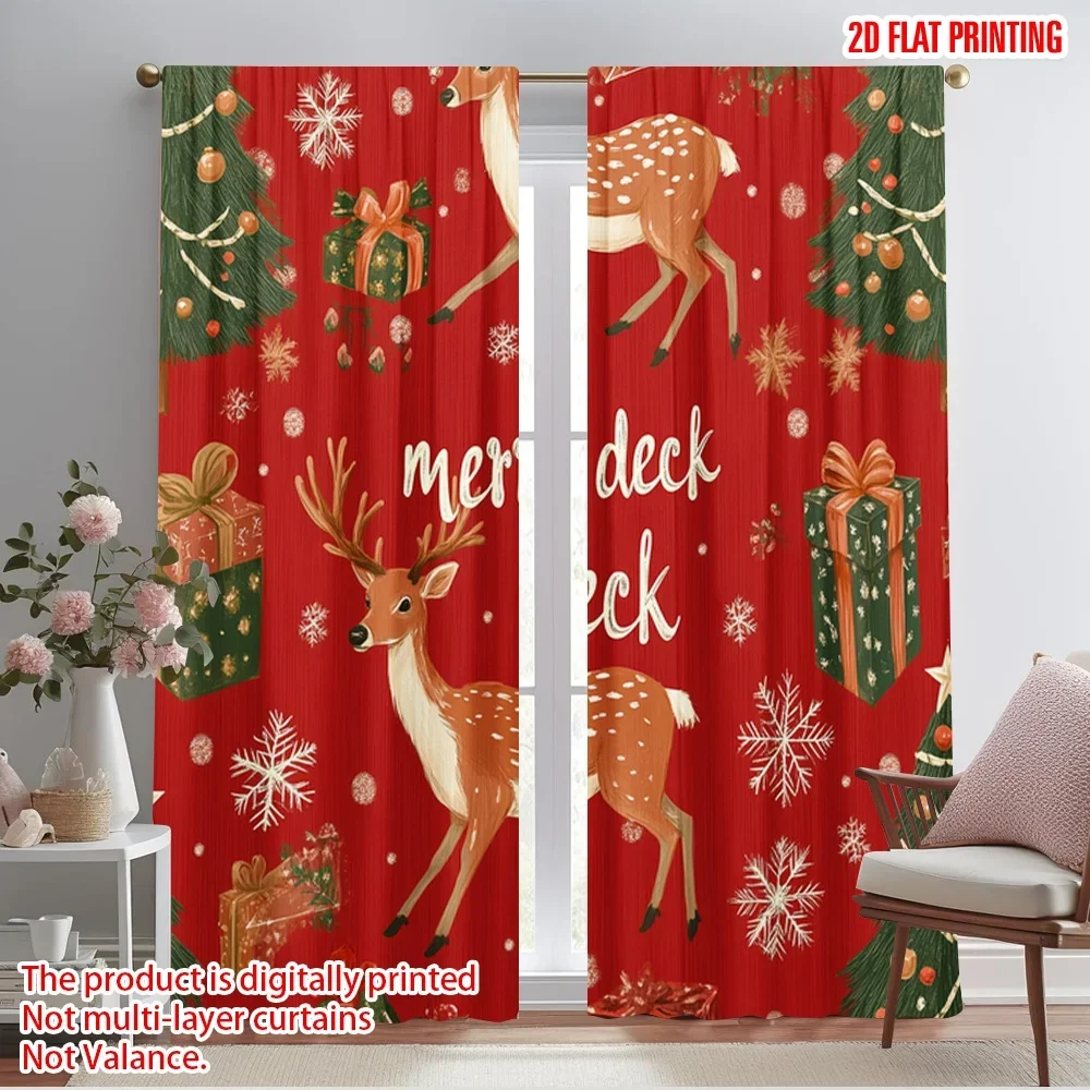 2pcs,2D plane printing Light Filtering Curtains Deer Christmas Trees Snowflakes Gifts Durable 100% Polyester Fabric (without