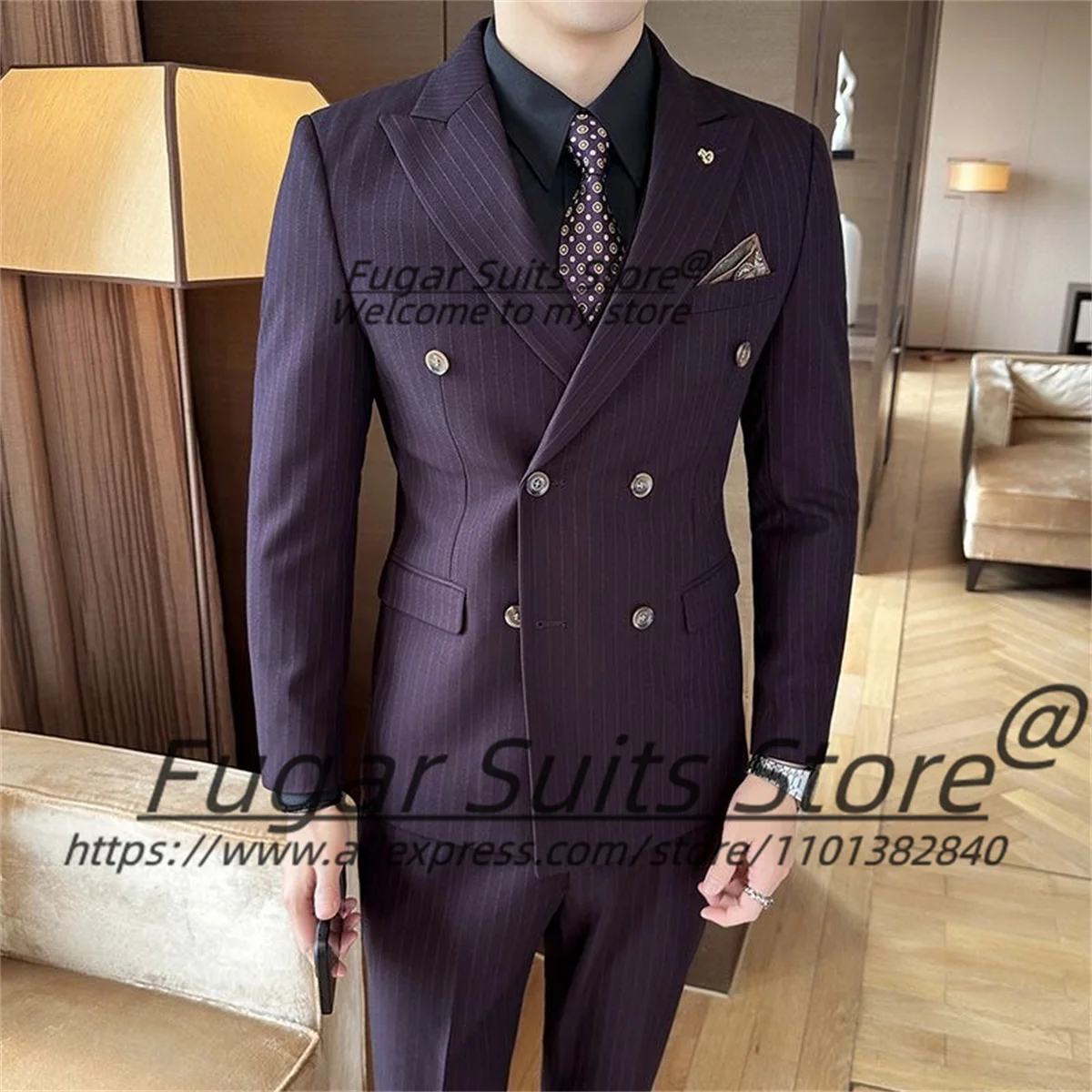 Handsome Purple Stripe Formal Men Suits Slim Fit Double Breasted Groom Tuxedos 3 Pieces Sets Business Male Blazers Ropa Hombre