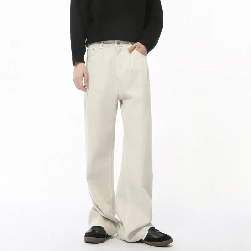 

SYUHGFA Korean Solid Color Cotton Denim Pants Men's Wear Wide Leg New Simple Bottom Straight Loose Male Jeans 2025 Spring