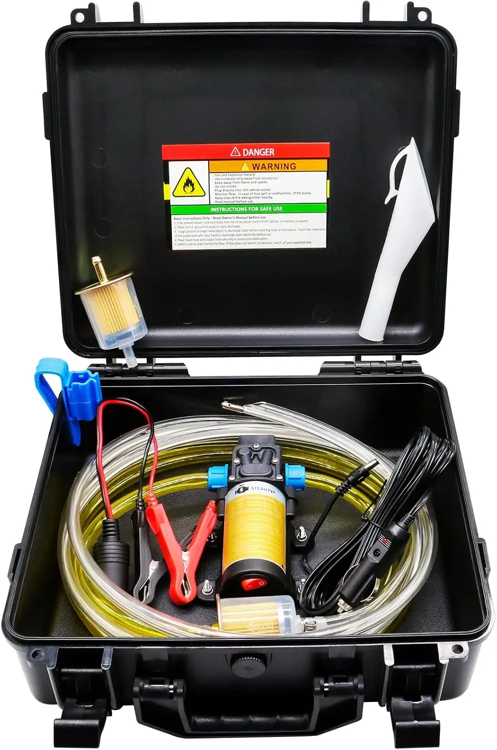 12V Fuel Transfer Pump Set, Moves Up to 85 Gallons Of Gas or Diesel Per Hour with Upgraded Carrying Case & Pulley Lead Pipe