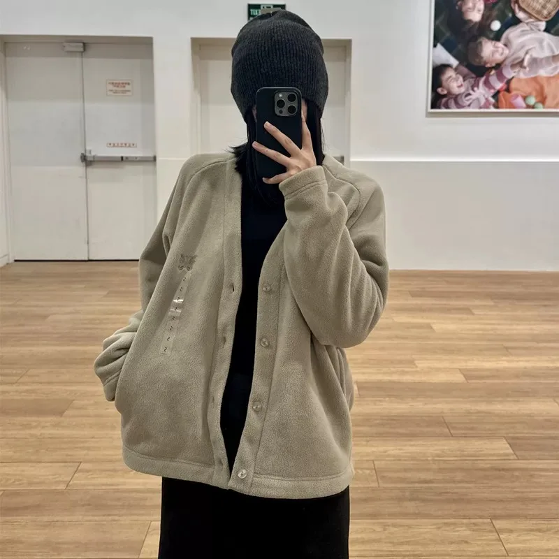Men's Loose Fleece V-Neck Long Sleeve Open Cardigan Warm Outerwear Autumn Winter Thermal Casual Style Button Closure Coat