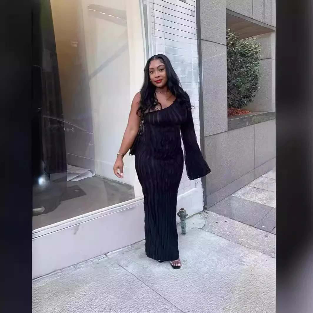 無地の長袖ドレス,単色,ハイウエスト,夏服,tk048