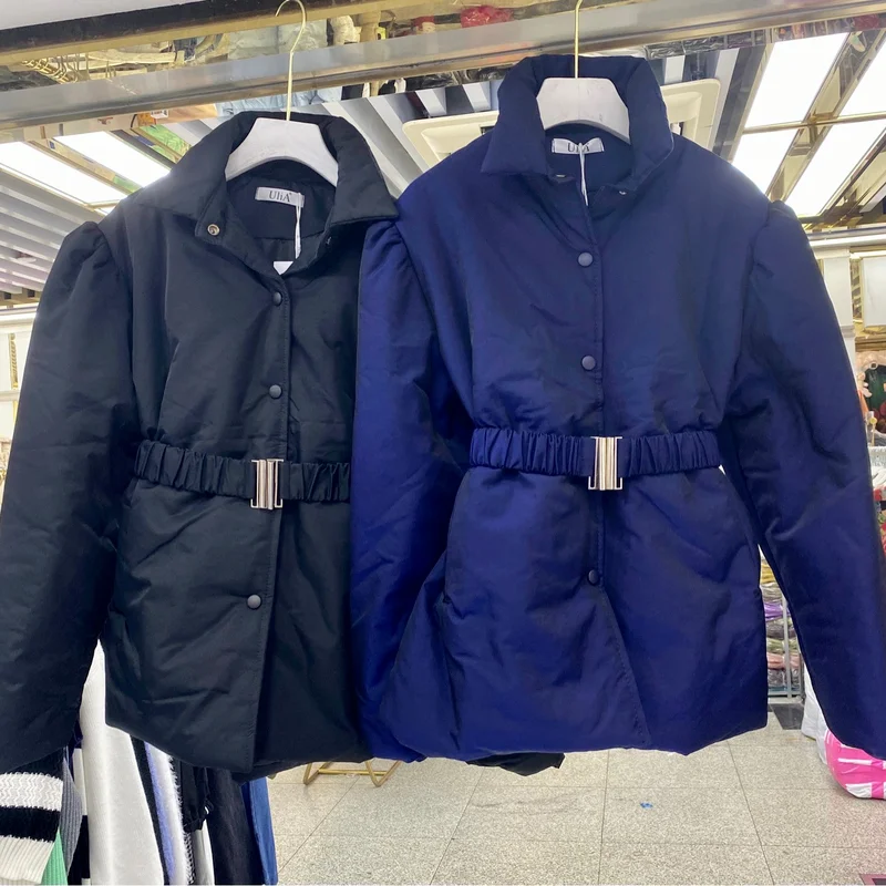 Elegant Temperament Cotton Jacket Autumn and Winter Puff Sleeve Waist Parka Coat Retro Lapel Tie Short Casual Bread Jacket