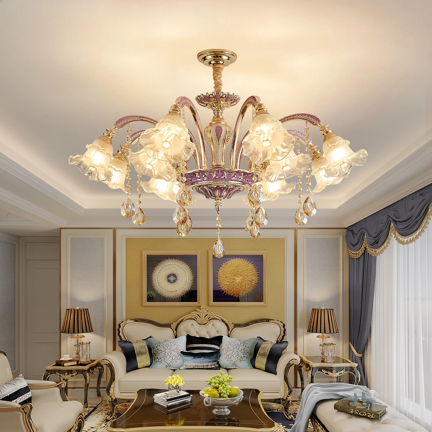 โคมไฟระย้าห้องนั่งเล่นสไตล์ยุโรปโมเดิร์นหรูหราห้องอาหารห้องนอนแสงหลักอิสระวิลล่าฮอลล์โคมไฟใหม่