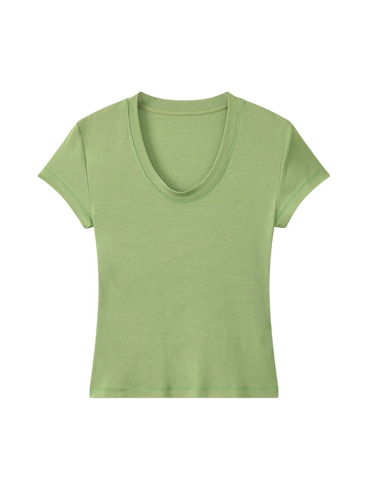 Basic Slim Short Sleeve T-Shirt for Women Stretch Cotton U-Neck Summer Top Solid Color Casual Tee in 9 Colors for Everyday Wear