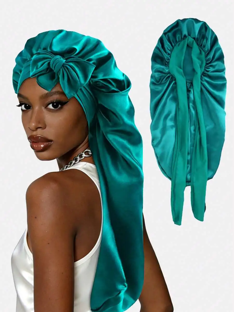 

Teal Satin Sleep Bonnet With Front Bow For Hair Protection And Comfort