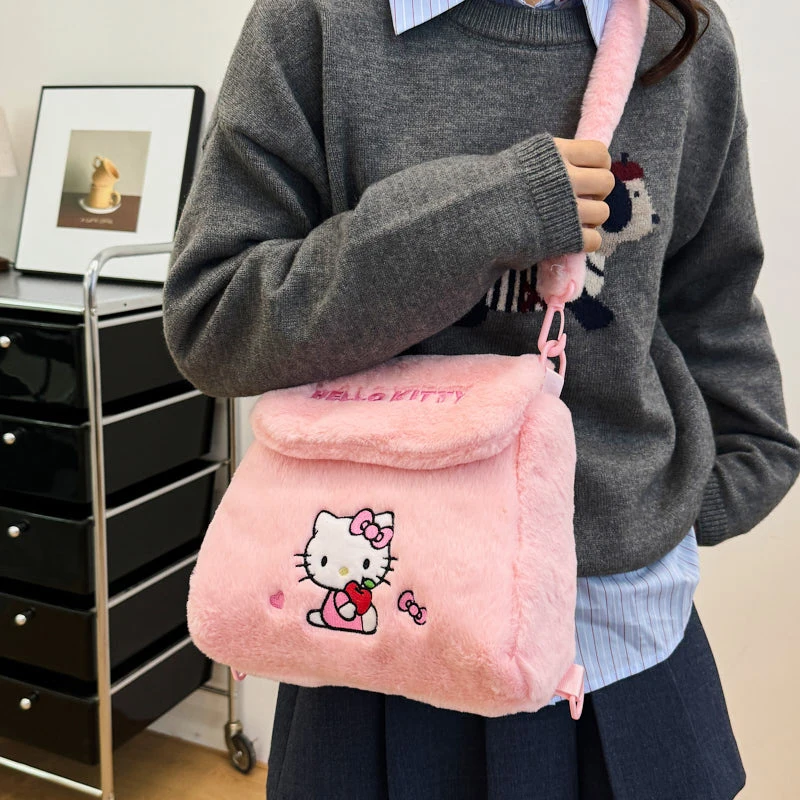 Sanrio Kuromi-女性用クロスオーバーバッグ,カワイイ漫画ショルダーバッグ,かわいい刺embroidery,ふわふわの小さなバックパック,冬,カジュアル,1個