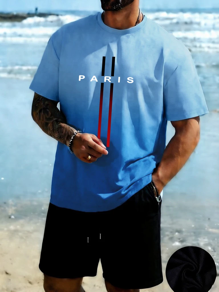 

Paris Letter Creative Design Daily Tie-Dye T-Shirt Men Cotton Fashion T Shirt Unisex Jogging Short Set Loose O-Neck Clothing