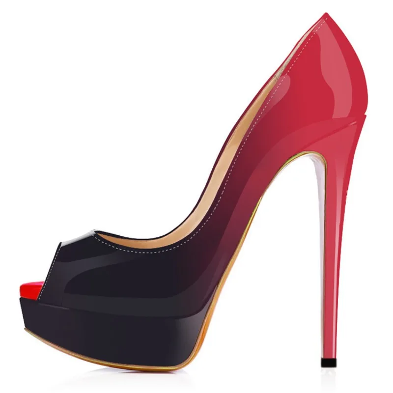 Sexy Gradual Change Two-color Light Mouth Women Pumps Platform Peep Toe 14cm Thin Heel Patent Leather Fashion Party Women's Shoe