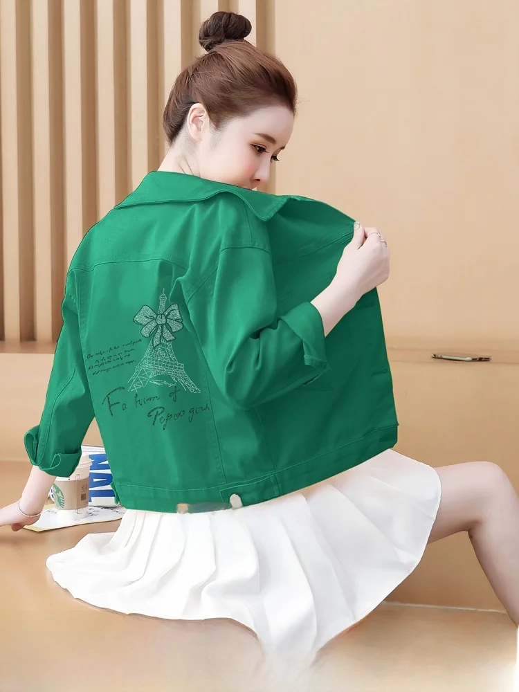 

Slimming Loose Women's Denim Jaet Long Sve Rhinestone Embellied Outerwear Autumn Faion Casual Commute Sle Coat