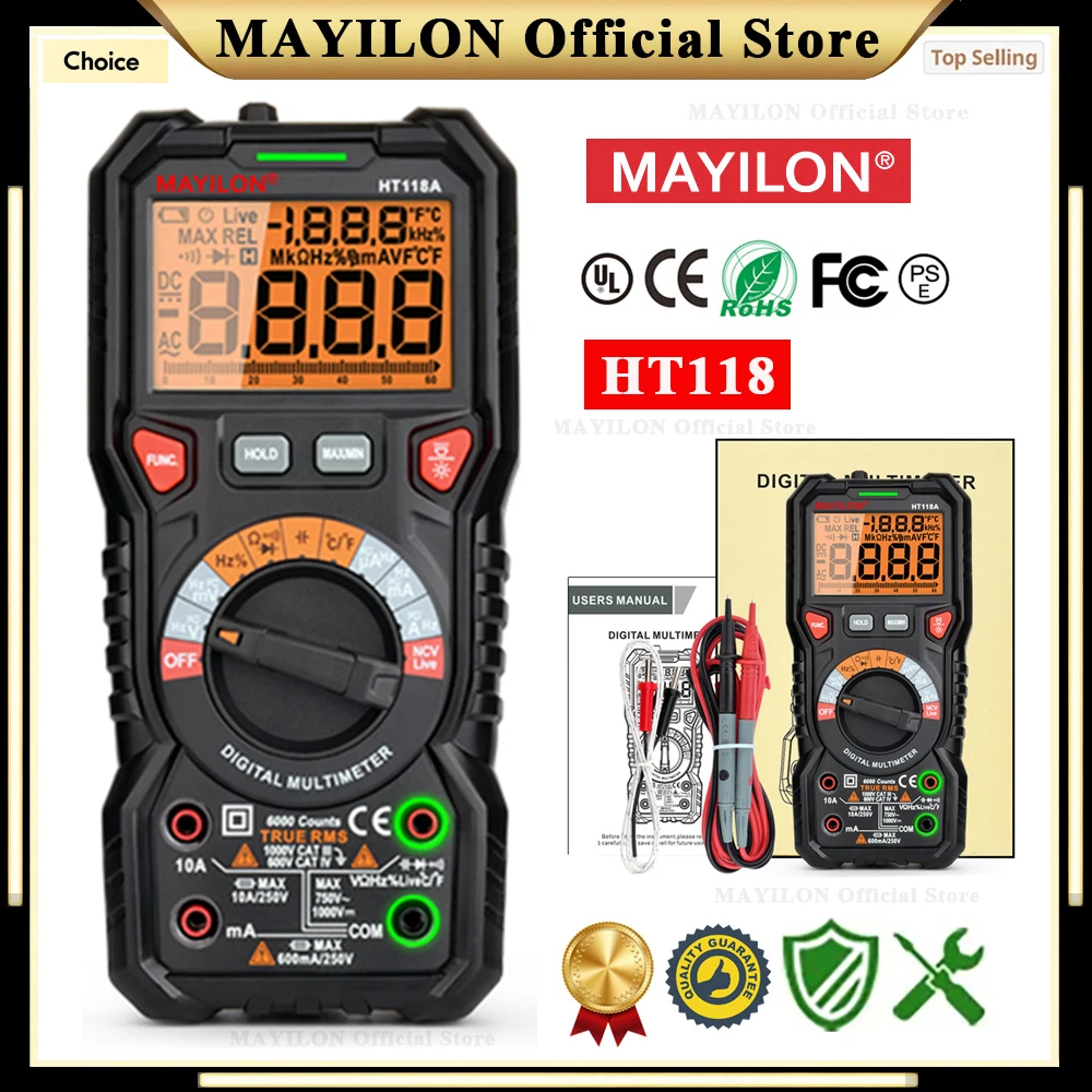 MAYILON HT118 Professional Digital Multimeter 6000 Counts AC DC Ammeter Voltmeter True RMS Ohm Hz LIVE NCV Electric Multitester