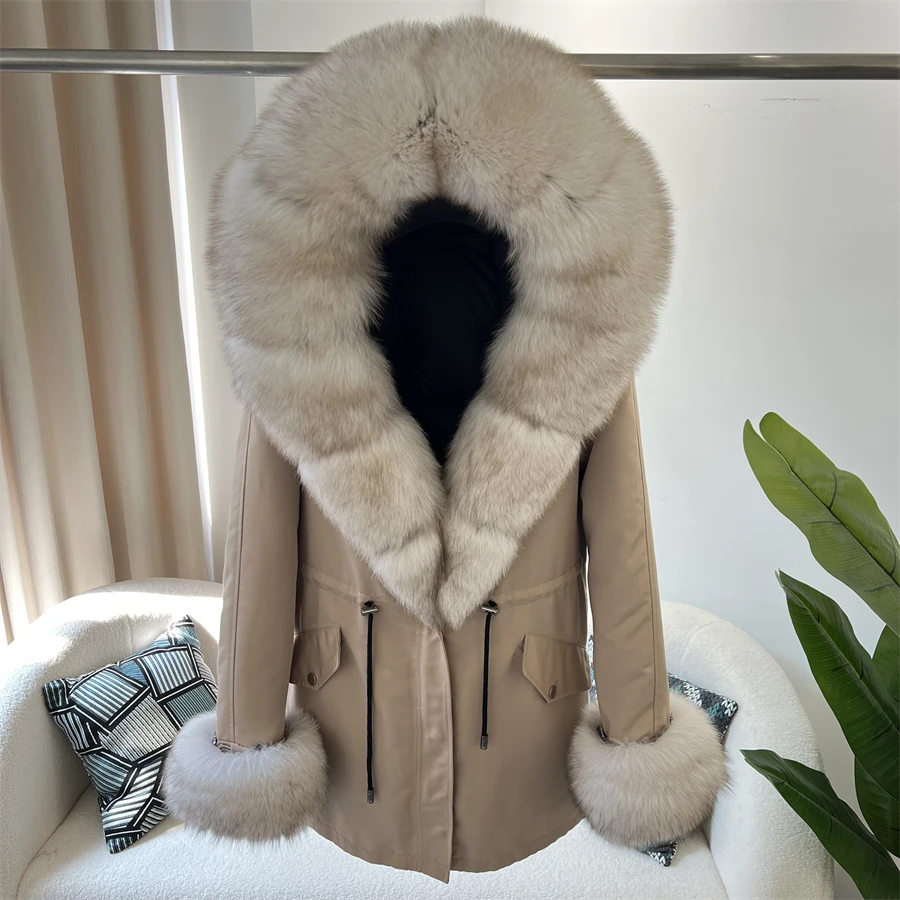 Casaco de inverno feminino com capuz de pato, casaco de pele real colarinho raposa natural, parkas longas soltas, casacos destacáveis, nova moda, 2023