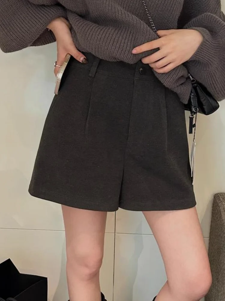 Wełniane spodnie z wysokim stanem i szerokimi nogawkami dla kobiet, jesienno-zimowe, plus size, kolor kawowy, codzienne spodnie bootcut, krój A-line, eleganckie.