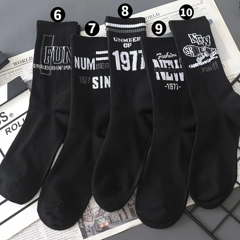 5 Pairs Of Men\'s Trendy Creative Letter Pattern Crew Socks, Breathable Comfy Casual Unisex Socks For Men\'s Outdoor Wearing All S