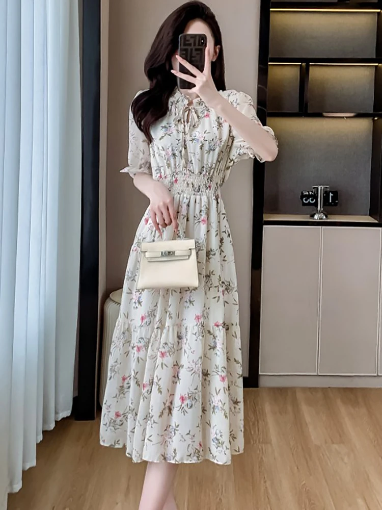 2024 Bloemen Chiffon Strik Ruches Kraag Casual Lange Jurk Zomer Elegante Bodycon Een Stuk Jurk Vrouwen Koreaanse Mode Feestjurk