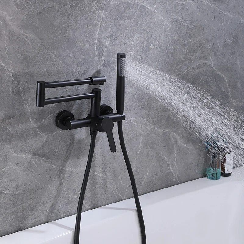 Bathroom Bathtub Faucet Folding Swivel Tub Tap with Handhold Shower Wall Mount 2 Hole Hot Cold Water Mixer Bath Taps Matte Black