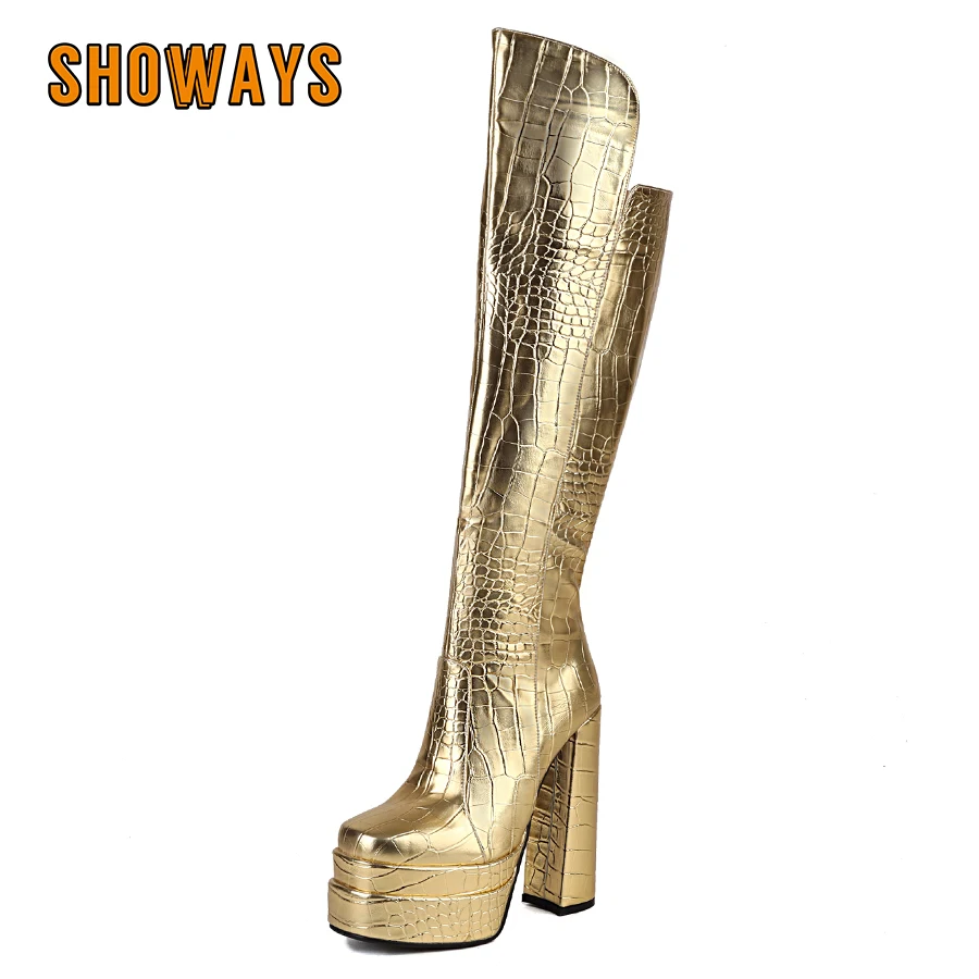 

Fashion Winter Knee High Platform Boots Women High Chunky Heels Gold Silver Green Crocodile Print Party Ladies Zipper Long Boots