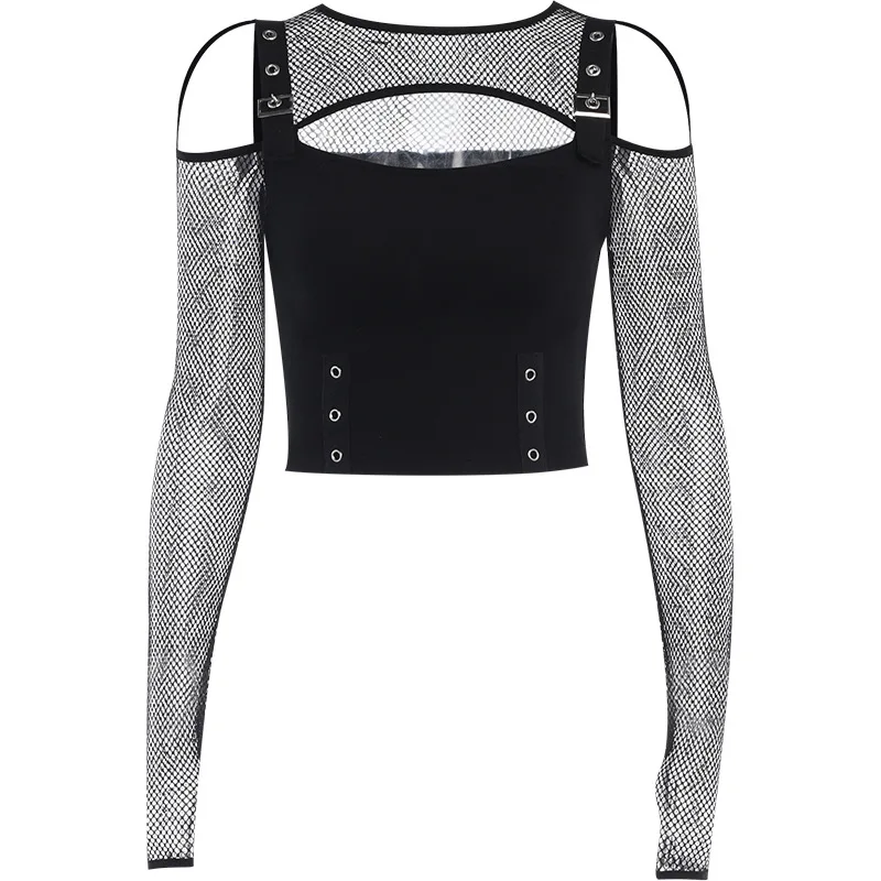 ISAROSE Women Punk Tops See-through Mesh Long Sleeves Hollow Out Pullover Black T-shirt with Metal Buckle Off-shoulder Crop Top