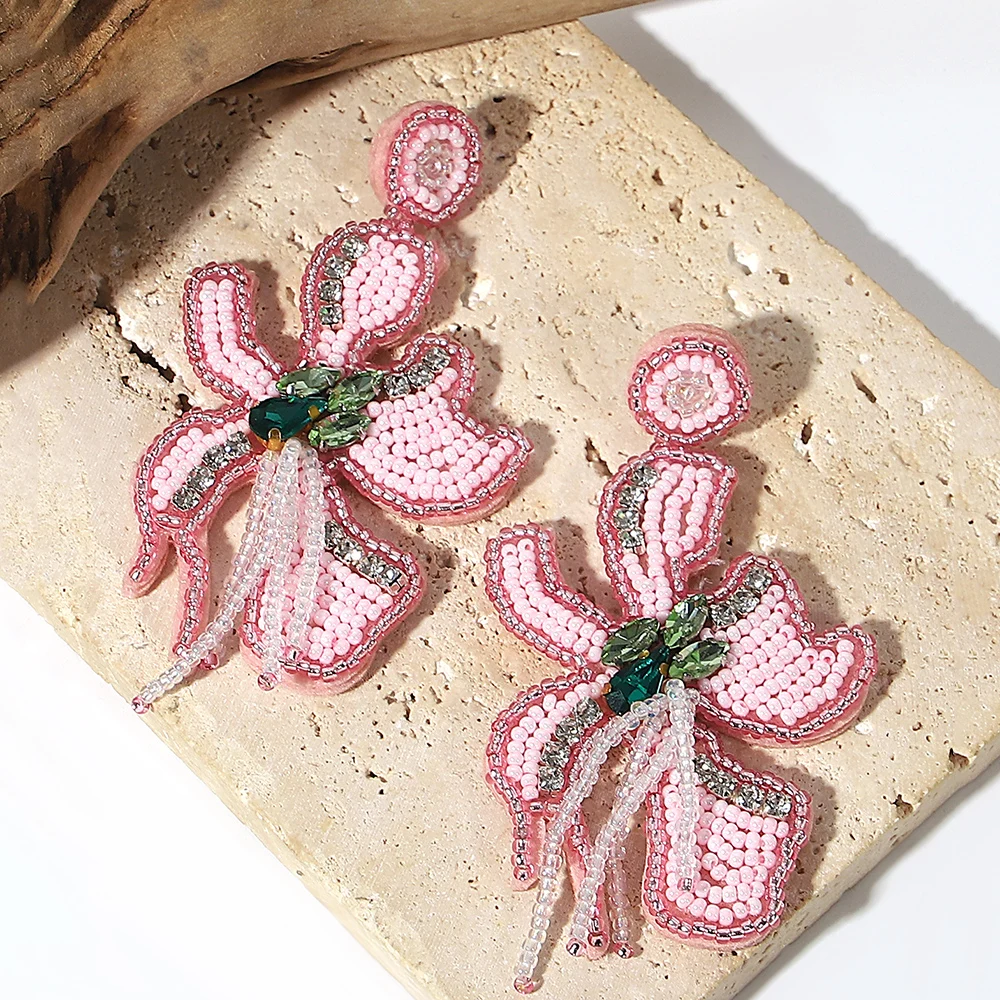 AENSOA Romantic Pink Seed Beaded Petal Flower Drop Earrings for Women Large Floral Dangle Earrings Handmade Summer Beach Jewelry