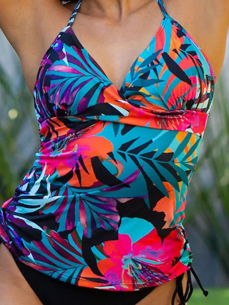 Botanical Floral Print Folds Drawstring Tankini Set