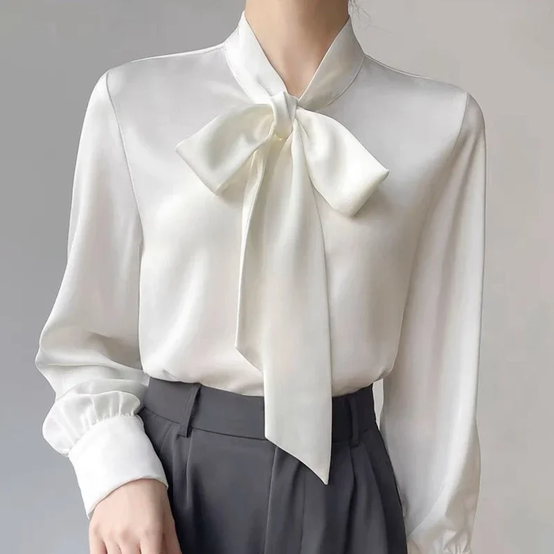 Elegant Bow Neck White Chiffon Shirts Women 2024 Fashion Autumn Winter Long Sleeve Tops Mujer Korean Style Office Ladies Blouses