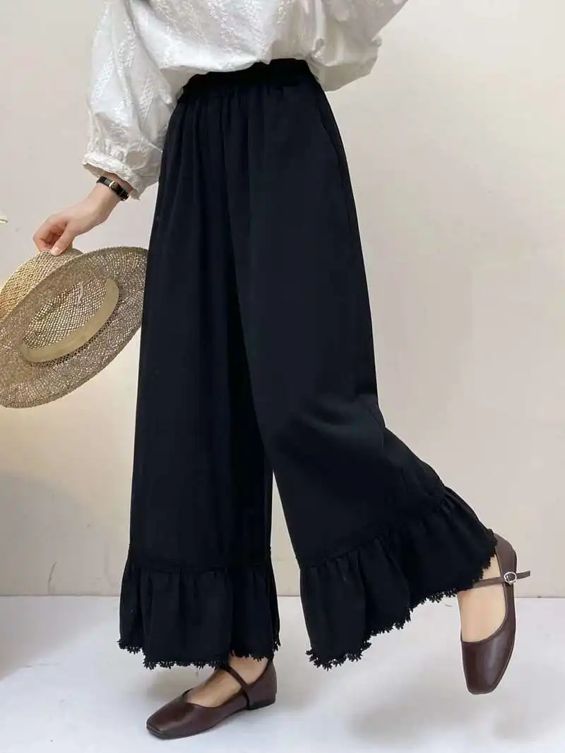 Japonês doce mori menina cor sólida renda bainha calças de perna larga feminino outono nova cintura elástica casual solto calças retas