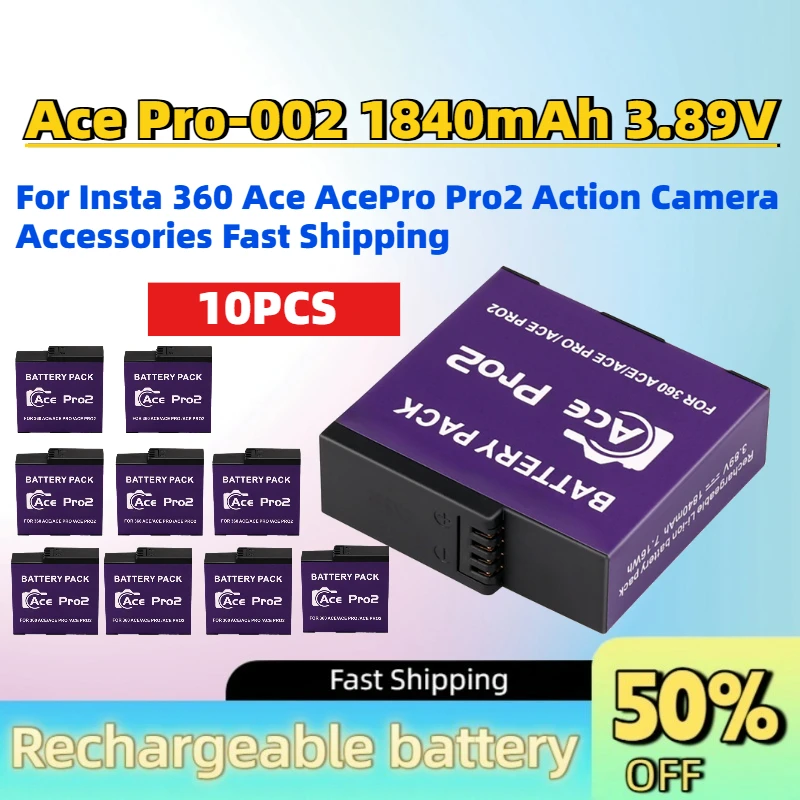 10PCS Ace Pro-002 1840mAh 3.89V Rechargeable Battery for Insta 360 Ace AcePro Pro2 Action Camera Accessories Fast Shipping