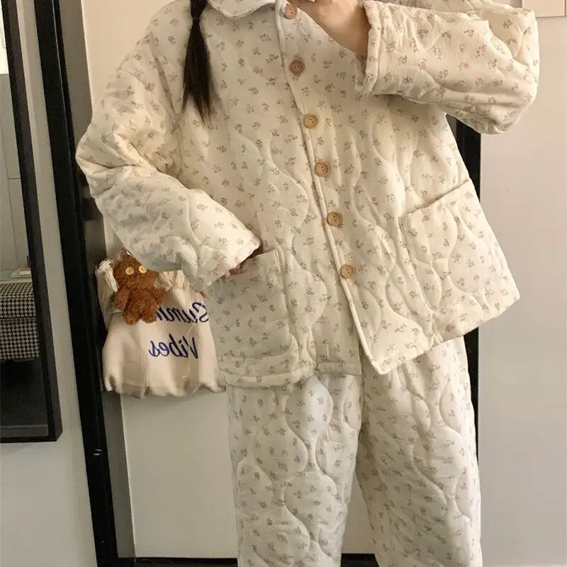 طقم بيجامة ملابس نسائية ملابس منزلية بأكمام طويلة طقم مكون من قطعتين للخريف والشتاء موضة سميكة ومريحة حلوة #1