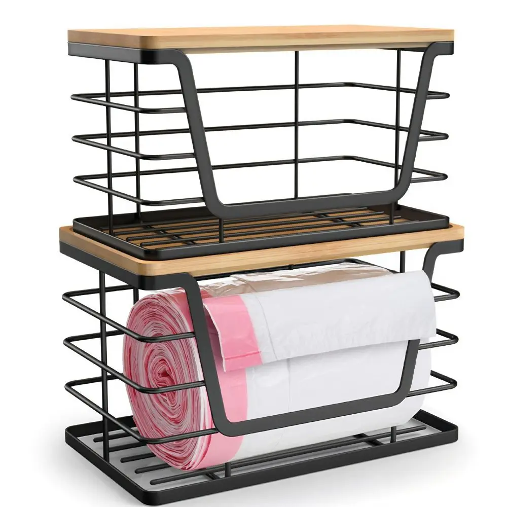 

2 PCS Bamboo Top Storage Organizers Easy to Install Small and Large Garbage Bag Dispenser Multi Purpose Kitchen Organizers