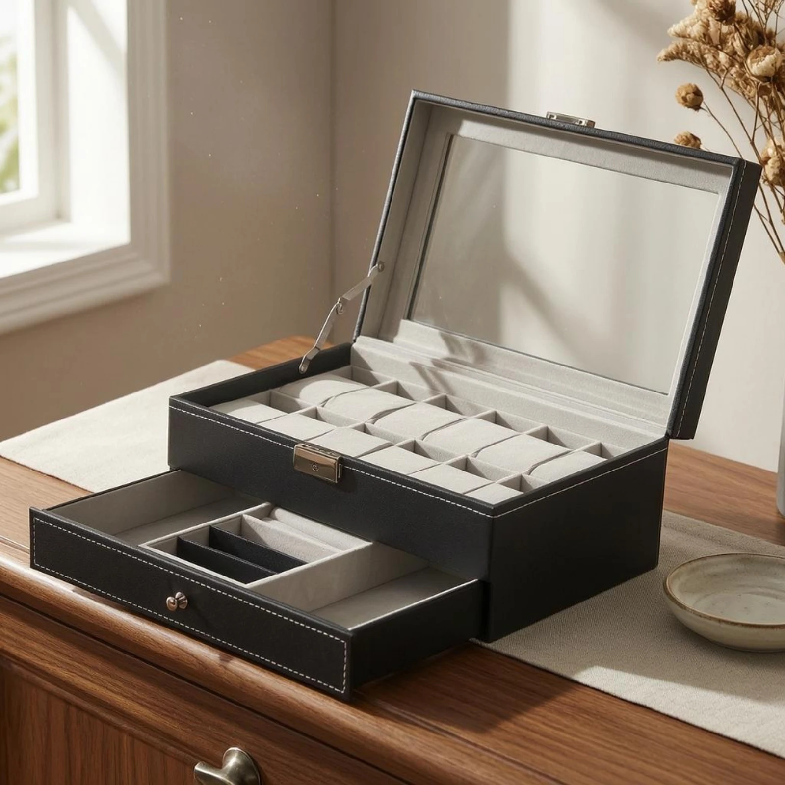 

PU Leather Jewelry Box Contrast Stitching Double-Layer Jewelry Box Clasp Closure Clear View