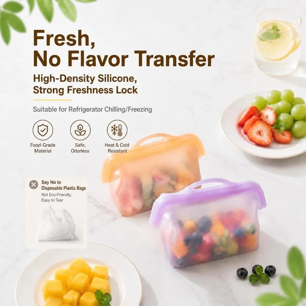 With Handle 1000ML Silicone Fresh-keeping Bag Odor-Proof Leak-Proof Upright Freezer Bags Multipurpose Reusable Sealed Bag