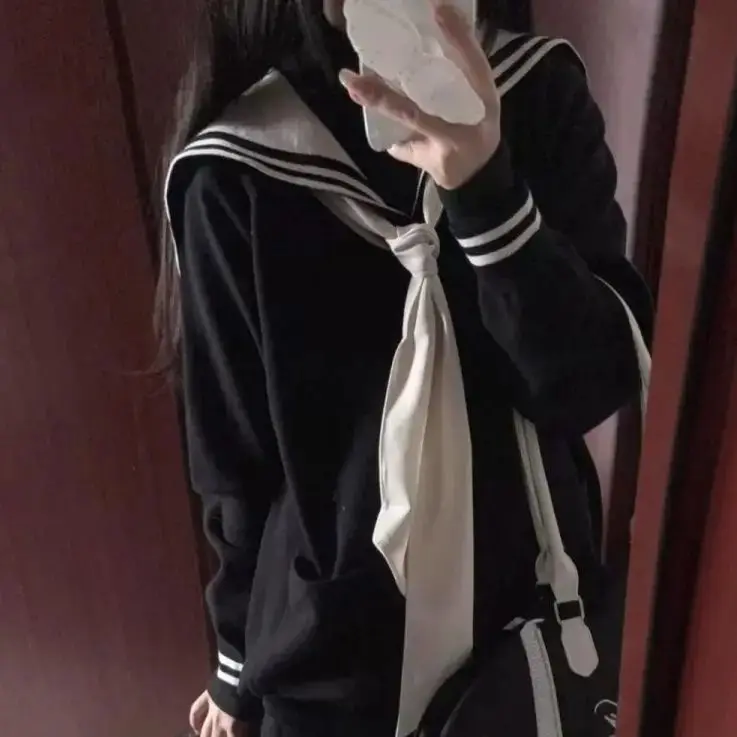 

Japan Black Retro Navy Collar Sweater Women'S Loose Wild Tie Coat In Autumn