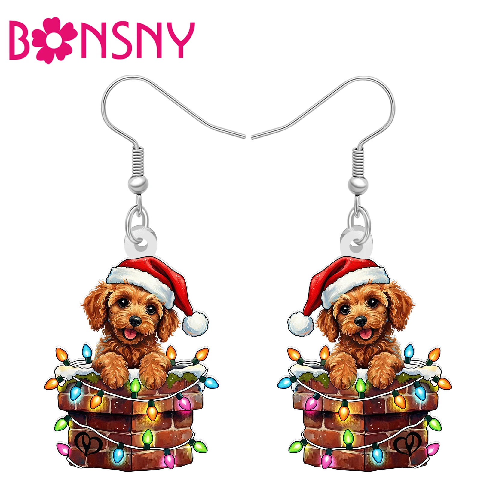 BONSNY Acrylic Christmas Poodle Dog Earrings Santa Hat Colorful Lights Chimney Creative Jewelry Xmas Gifts For Women Pet Lovers