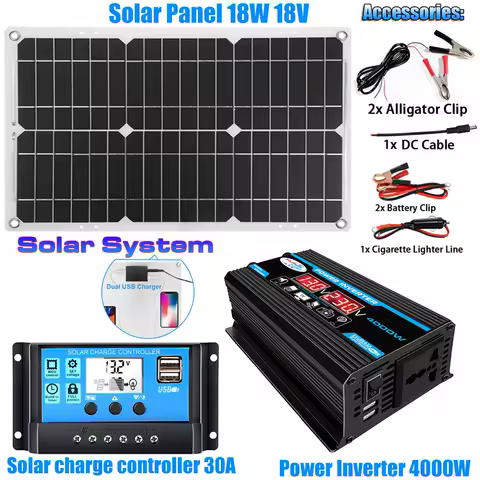 4000W Solar Power System Kit Battery Charger 18W Solar Panel 30A Charge Controller Complete Power Generation Home Grid Camp