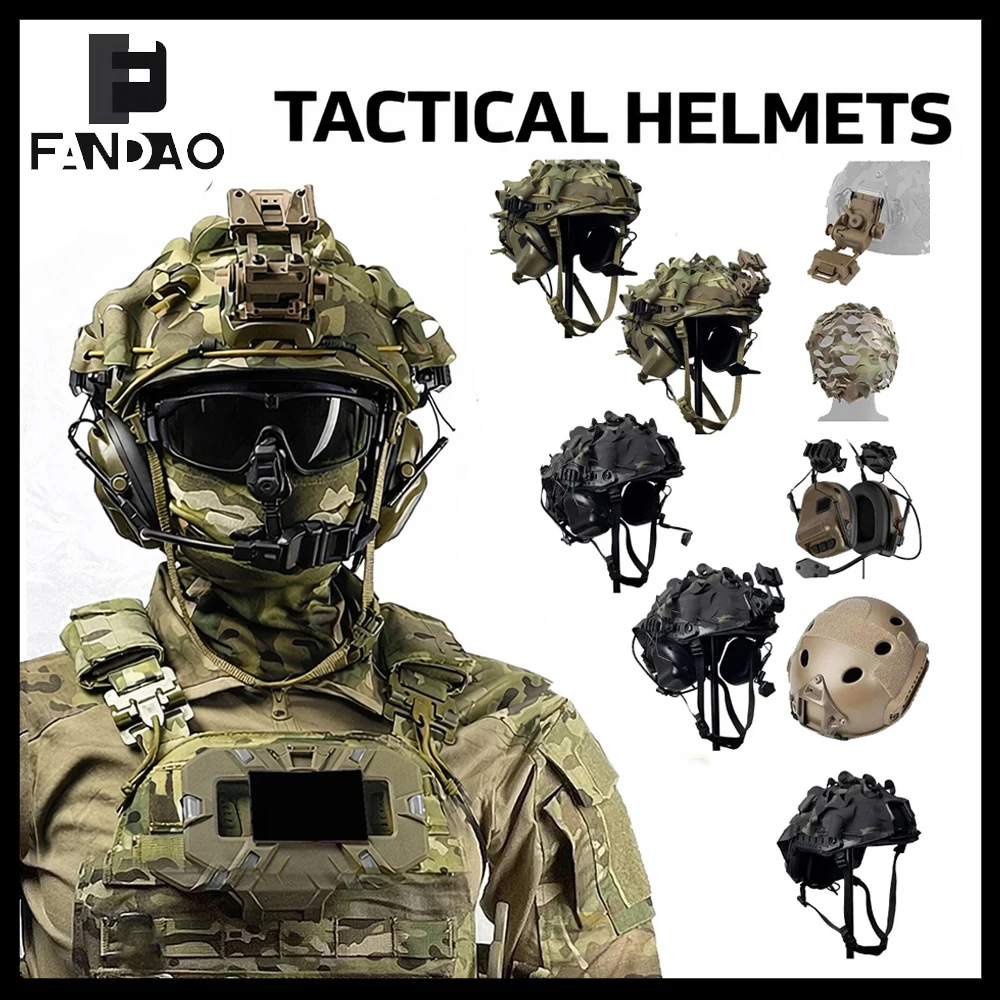 Tactical Airsoft Helmet Set with Communication Headset FAST Camo Helmet Cover L4G24 Bracket for Field Paintball CS Game Cosplay