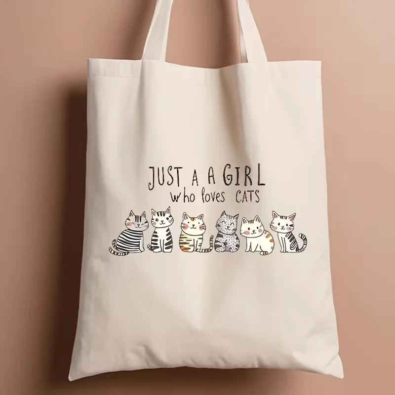 Women's Cute Cat Print Tote Bag- Light Beige Handbag with Black Cat& Paw Print Design, Multi-Functional Grocery Travel Bag, Gift view 3