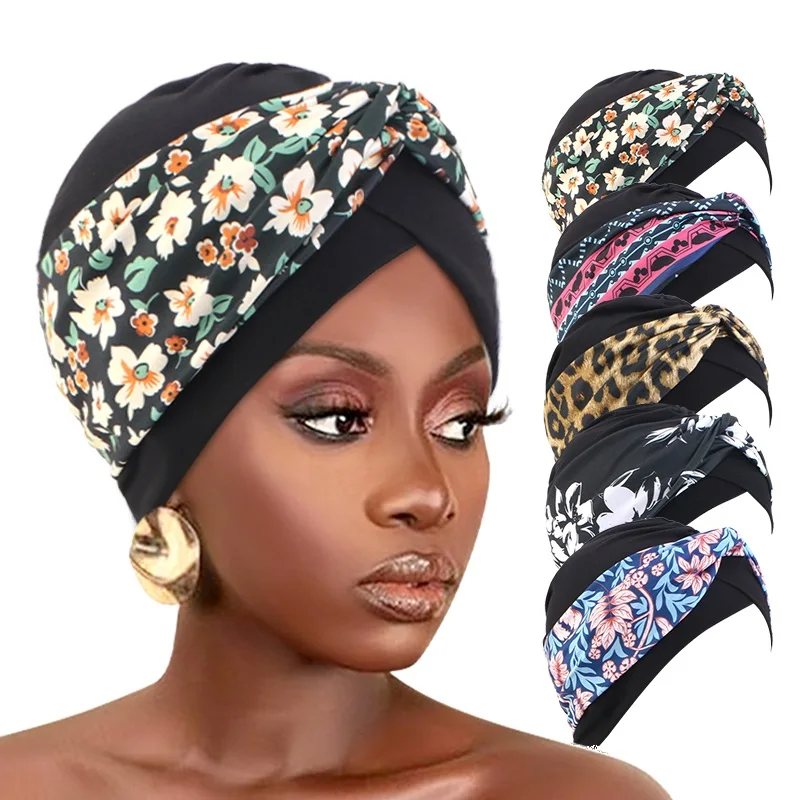 

New Twist Knot Floral Print Muslim Turban Women Hijab Chemo Cap Bonnet Strech Indian Headscarf Bandana Chemo Beanies Caps Cover