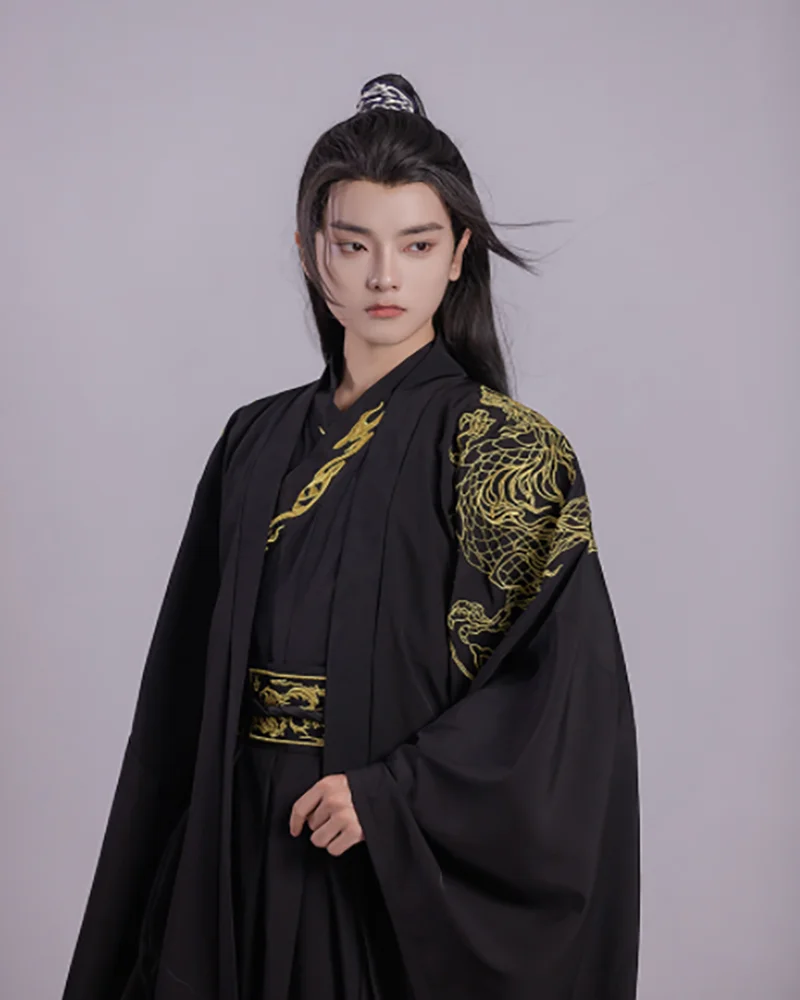 Hanfu kostum Cosplay tradisional Cina Pria, set Hanfu kuno kostum Cosplay Halloween pria hitam 3 potong ukuran Plus 2XL