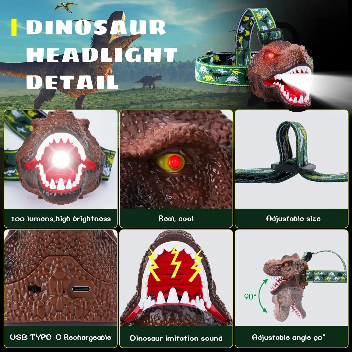 ديناصور كشافات مصباح يدوي قابلة للشحن Led المصابيح الأمامية هدير ووضع صامت ، T-Rex ديناصور رئيس مصباح ، معدات التخييم هدية عظيمة