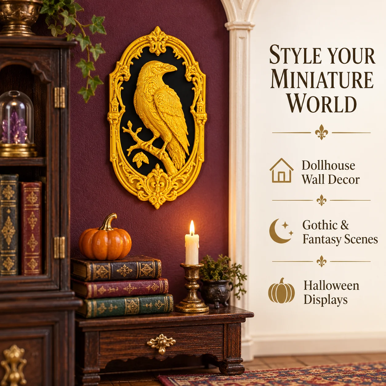 Miniature raven relief wall decoration, doll house study room, castle scene arrangement, collection for miniature enthusiasts