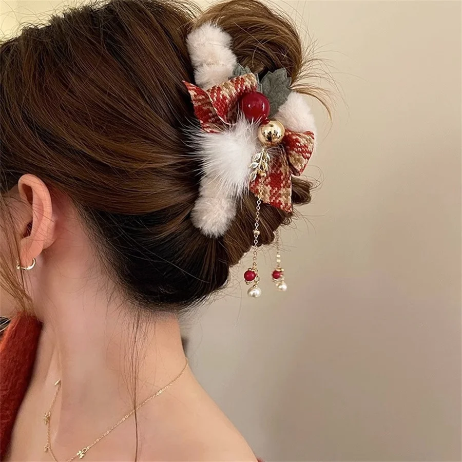 Fashion elegant New Year red Plush Hair Claw Women's Back of Head Bow Clip Large High-end Shark Clip Headwear Hair Accessories