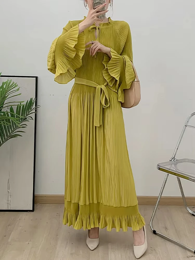 ANLAN Ruffle Edge Pleated Maxi Dress Women Long Sleeves Solid Color Festival Dresses Female Clothing 2024 Autumn New 2AN1618