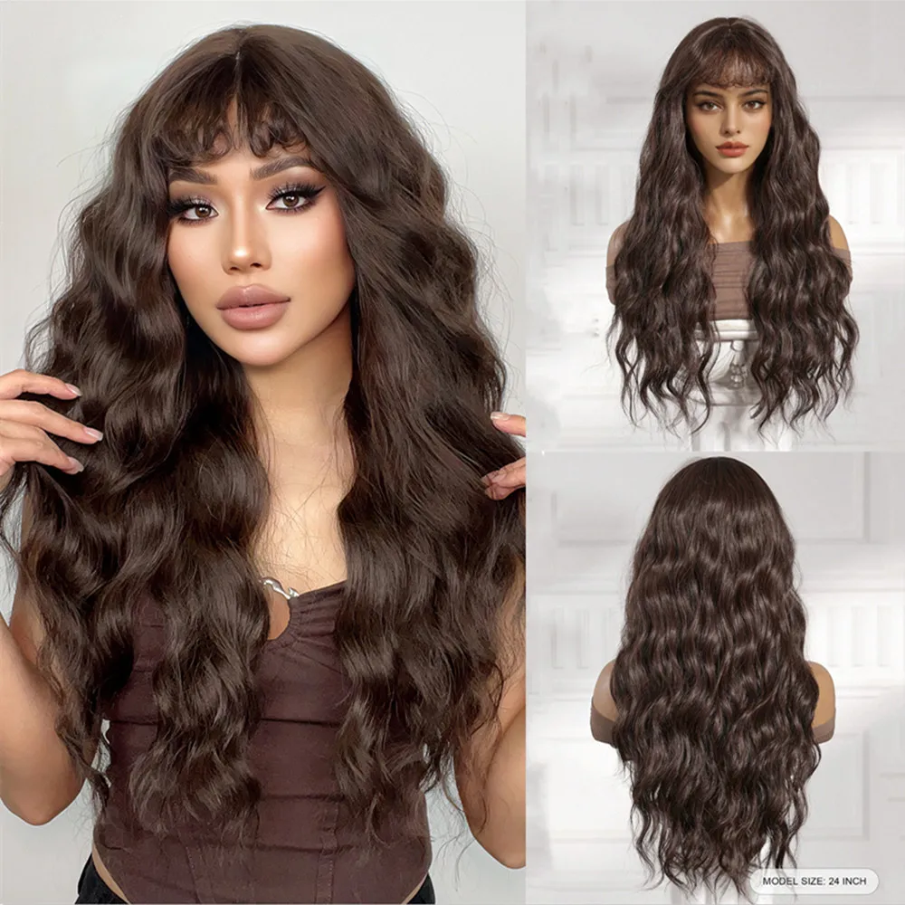 

ALAN EATON Brown Curly Synthetic Wigs with Bangs Long Layered Wavy Wig for Women Fluffy Soft Fake Hair Heat Resistant Fiber