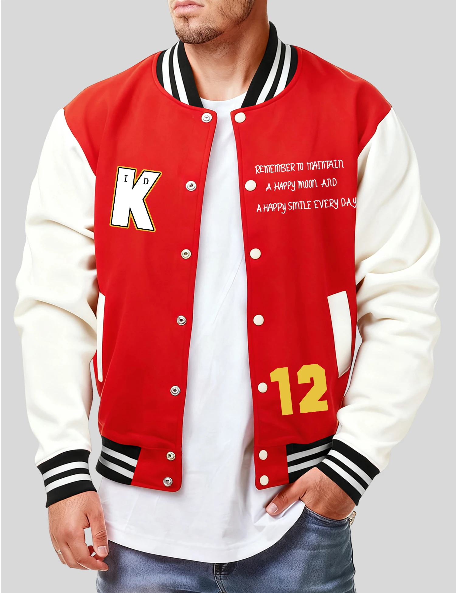 

A Happy Moon And K 12 Printing Jacket Men Autumn Loose Baseball Jersey Casual Fleece Streetwear Unisex American Button Coat