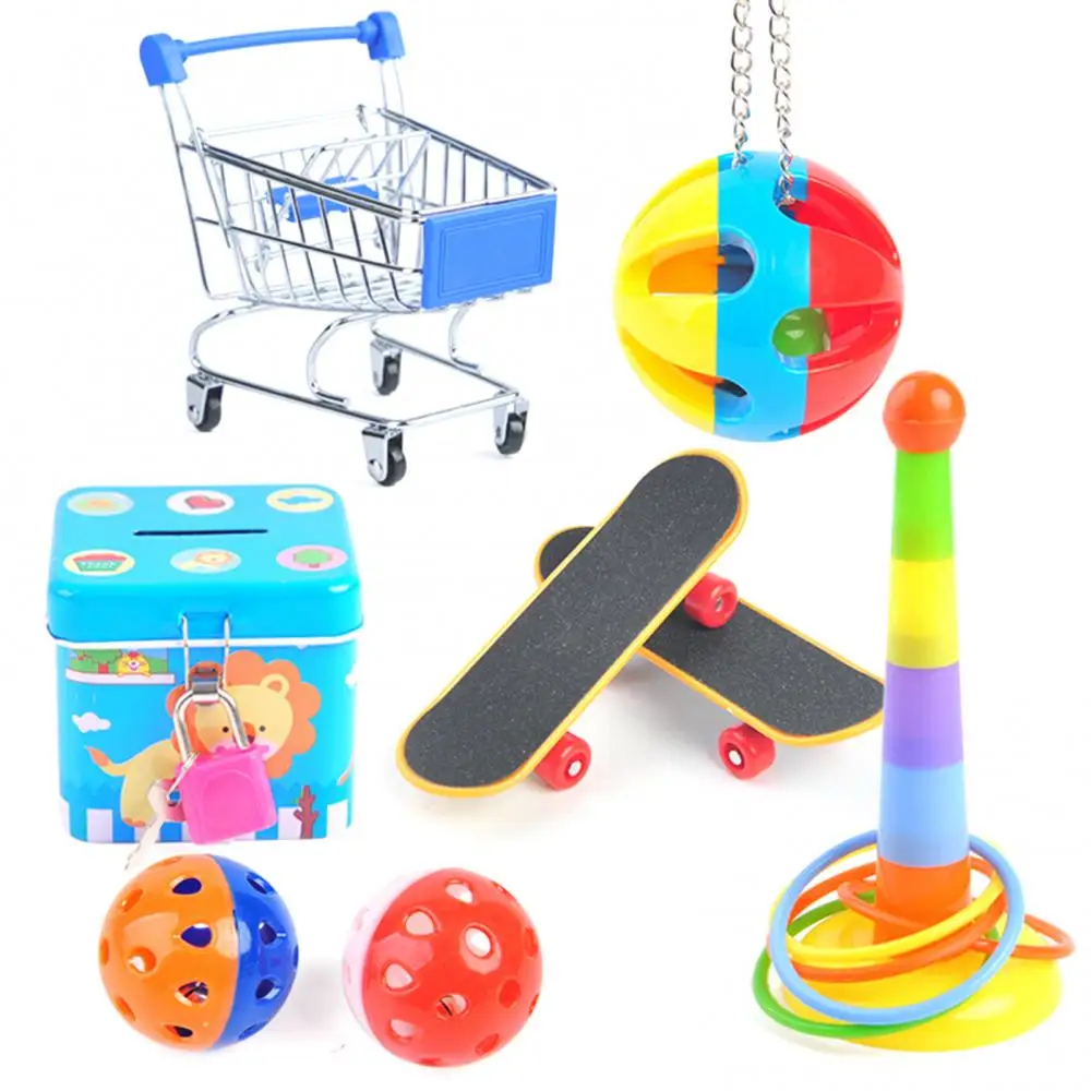 5/6/7Pcs Parrot Toys Kit Pet Bird Skateboard Ball Mini Shopping Cart Foraging Training Rings Educational Puzzle Playing Toy