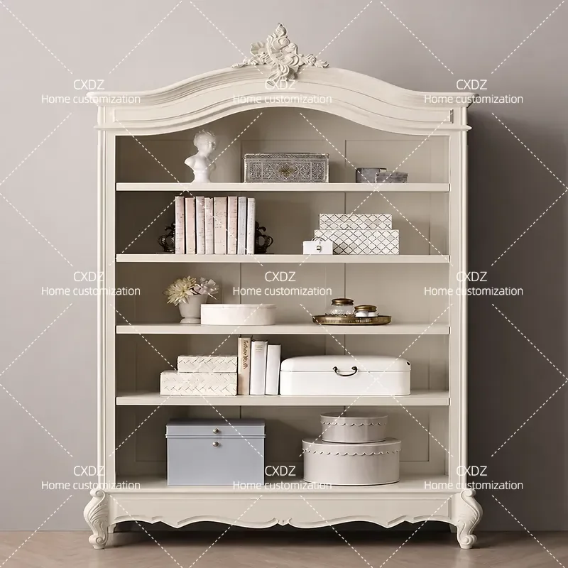 American light luxury solid wood bookcase, post-modern simple carved cream white decorative cabinet, French retro bookshelf