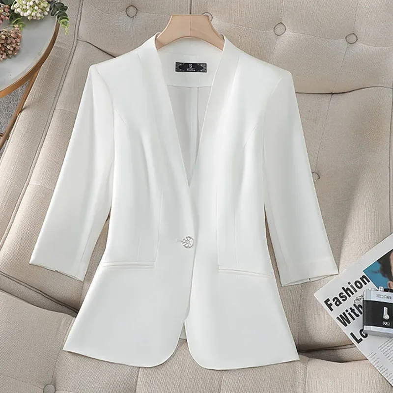 팝 봄 여름 여성 블레이저 솔리드 칼라리스 싱글 버튼 7부 소매 정장 재킷 숙녀 전문 오피스 정장