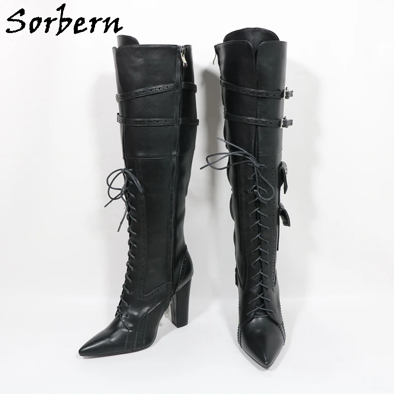 Sorbern Black Matte Knee High Women Boots With Pockets Pointed Toe Block High Heel Buckle Straps Custom Color