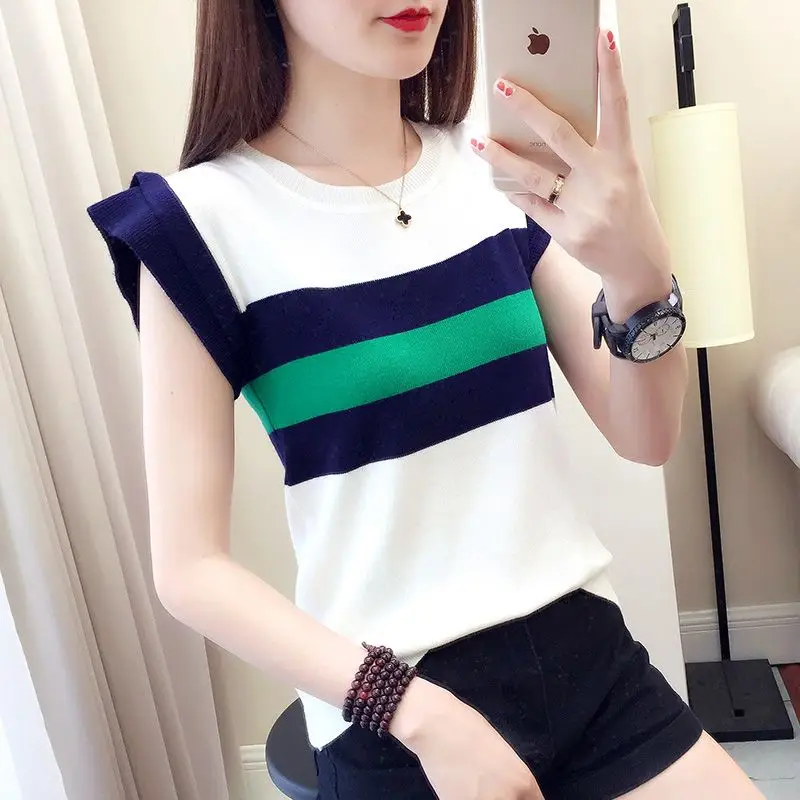 Fashion Printed Spliced O-Neck Striped Blouse Women\'s Clothing 2023 Summer New Casual Pullovers All-match Short Sleeve Shirt