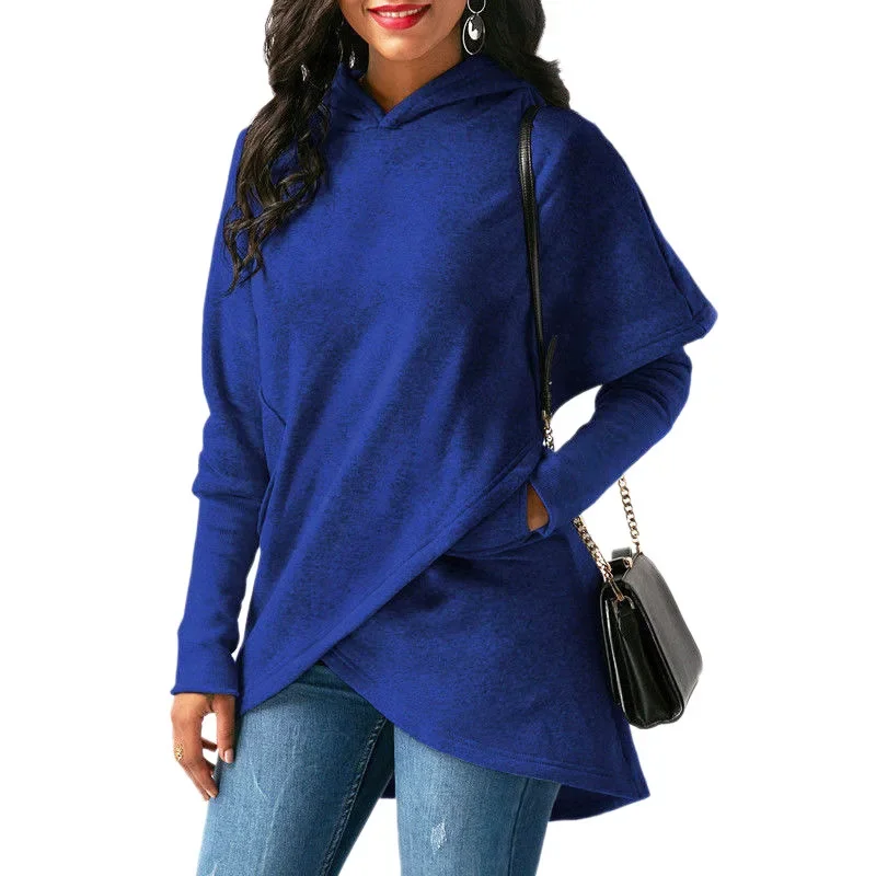 2021 Solid Sweatshirts New Female Casual Warm Hooded Jumper Women Autumn Winter Long Sleeve Pocket Irregular Pullover Hoodies